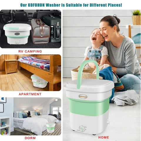 Tiny But Mighty Foldable Portable Washing Machine With Drainage Basket in RV, apartment, dorm, and home use scenarios.
