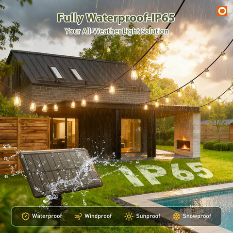 96 Ft Outdoor Solar String Lights With Remote And USB Port, Waterproof Patio Garden Lights, IP65 rating by a pool and house
