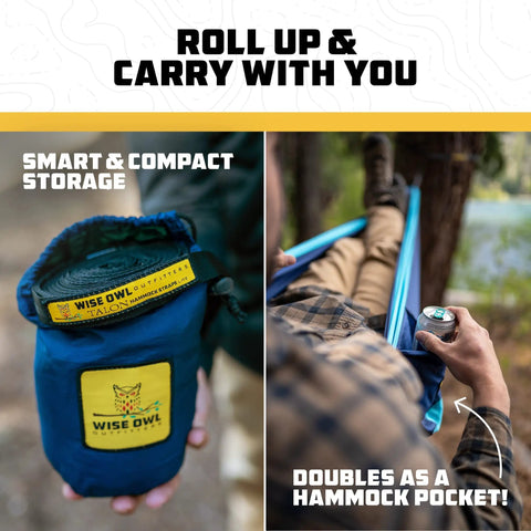 Portable Camping Hammock With Tree Straps Up To 400 Lbs Built For Outdoor Adventures Easy Setup In Seconds in compact storage bag next to seated person using hammock pocket