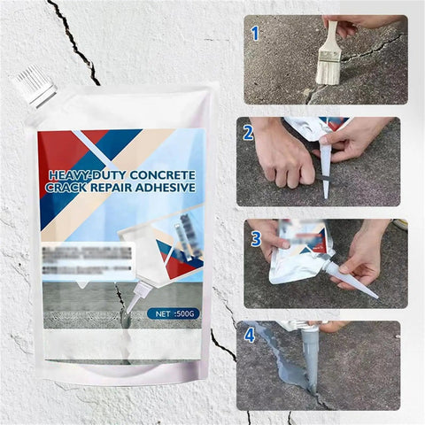 Premium Strength Concrete Crack Repair Adhesive And Quick Drying Waterproof Sealant For Driveway Patio Walkways Solid Fix Tough As Nails Outdoor Patch Gray Tube alongside application steps for concrete repair.