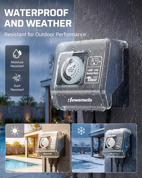 Straight Shooting 1HP Heavy Duty Outdoor Timer With 2 Outlets Mechanical Dial for Pool Pumps, featuring waterproof design.