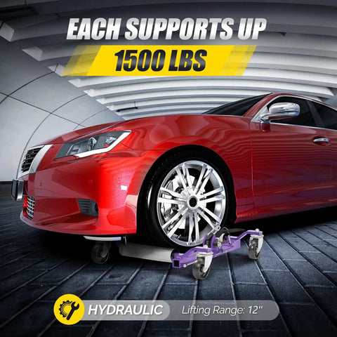 Badass Heavy Duty Car Wheel Dollies For Slick Garage Transfers 3000 Lb supporting red vehicle with purple dolly under rear wheel