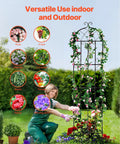 Woman tending plants on Heavy Duty Rustproof Metal Garden Trellis Set 4 Pack 87 By 20 Inches Climbing Plant Support for outdoor use.