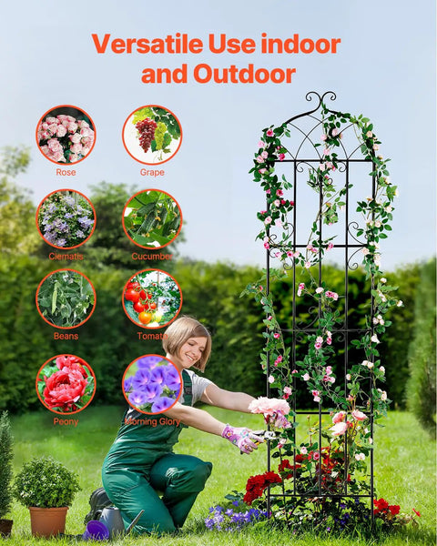 Woman tending plants on Heavy Duty Rustproof Metal Garden Trellis Set 4 Pack 87 By 20 Inches Climbing Plant Support for outdoor use.