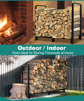 Heavy Duty 4 Foot Firewood Rack For Indoor And Outdoor Use, shown with stacked logs near a fireplace and outdoors by a fence.
