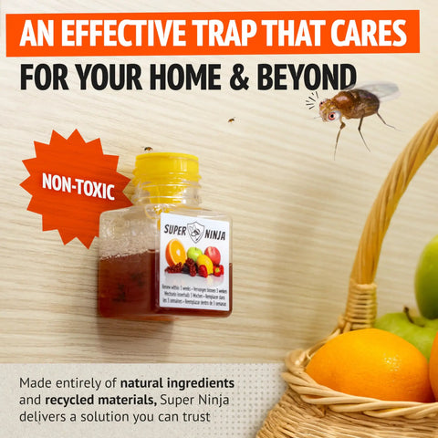 Indoor Fruit Fly Trap Killer Station With Natural Liquid Bait For Kitchen Counters Trash Cans And Pantry Food Fast Acting Pest Control That Works Like A Dream Total Game Changer Four Pack Bundle, clear bottle with bait mounted on wall near fruit basket.