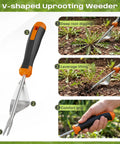 Three In One Weed Puller Tool Set With Ergonomic Handle And Stainless Steel Heads for weeding and root digging in gardens.