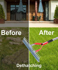 Beast Dethatching Rake For Lawns, 15-Inch Wide With Adjustable Steel Teeth And 70-Inch Stainless Handle shown on grass before and after use