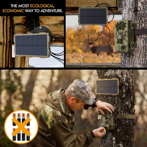 Beefy Solar Panel For Trail Cams With 6V 1700mAh Battery Pack Waterproof IP66 mounted on tree, powering security camera outdoors.