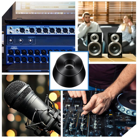 Heavy Duty Rubber Feet Speaker Isolation Pads Enhance Audio With Carbon Steel Screws To Block Scratches And Vibration On Subwoofers Guitar Amps And Furniture These 12 Black Rubber Blocks Deliver Gnarly Grip And Top Shelf Protection, shown on a DJ mixer.