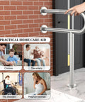 Real Deal Brushed Nickel Toilet Support Rail With Rock Solid Non Slip Grip For Seniors And Bath Safety 24 Inch wall mounted stainless steel grab bar, close-up, hands gripping rail