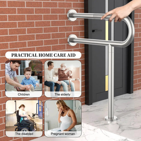 Real Deal Brushed Nickel Toilet Support Rail With Rock Solid Non Slip Grip For Seniors And Bath Safety 24 Inch wall mounted stainless steel grab bar, close-up, hands gripping rail