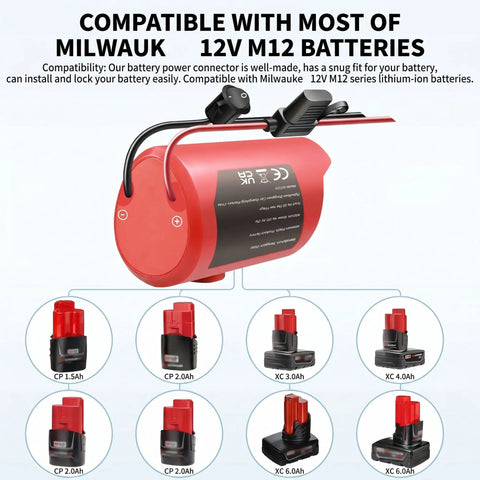 Battery Connector Conversion Kit With Switch And Fuse 12AWG Wire Terminal 12V Adapter shown with compatible M12 batteries