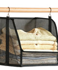 Hangable Closet Shelf Organizer With Soft Fabric Storage Bin to Safeguard Delicate Threads Tidy Dorm Rooms and Small Spaces, black mesh with folded clothes.