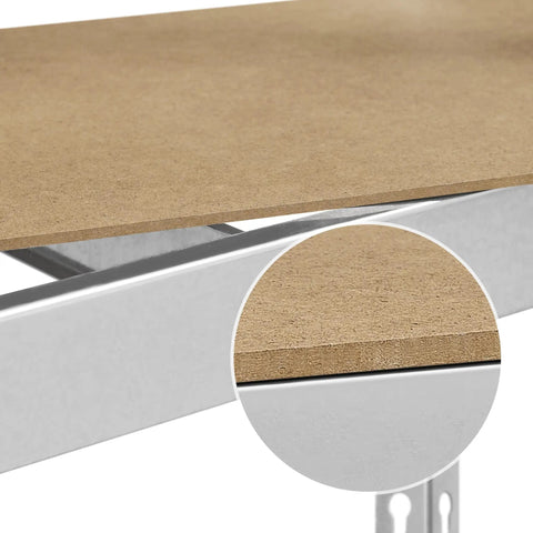 Close-up of solid wood board on Built Like A Tank Five Tier Storage Shelf With Heavy Duty Iron Frame and Silver Finish.