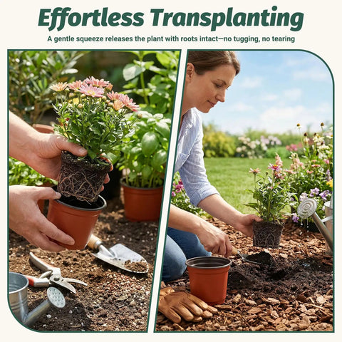Person transplanting flowers from 4 Inch Nursery Pots 100 Pack Plastic Seedling Pots With Drainage Holes into garden soil