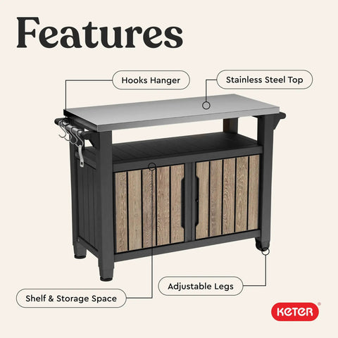 Wood Look Outdoor Entertainment Cart With 78 Gallon Storage, Stainless Steel Top For BBQ Prep, Weather Resistant Resin
