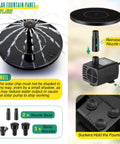 Extra Large Solar Powered Bird Bath With Fountain Kit For Your Backyard 1.67 Gallon Capacity 5 Prong Stake Design Hummingbird Drinking Bowl Solar Pump Set Four Water Patterns To Attract Birds showing solar fountain panel and nozzles.