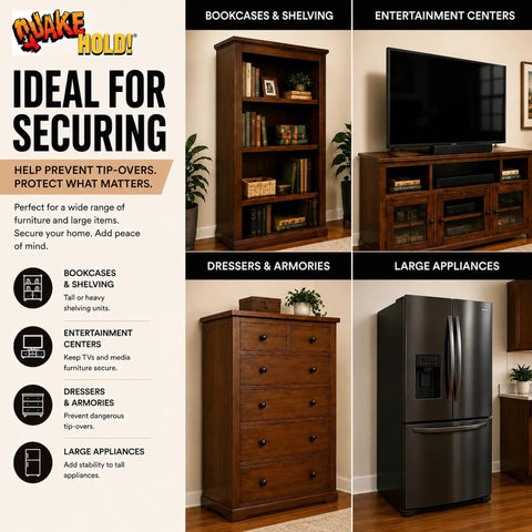 Heavy Duty Furniture Strap Kit With Antique Brown Nylon Webbing And Rugged Steel Brackets To Lock Down Hefty Dressers And Keep Things Square Against Wild Shifts For Pro Anti Tip Anchor Safety in a home setting.