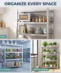 Rock Solid Stainless Steel Shelving Unit Heavy Duty Storage Rack Built Tough For Kitchen Restaurant Warehouse And Garage Support Up To 1320 Lbs display with kitchen items, cold storage, and indoor garden.