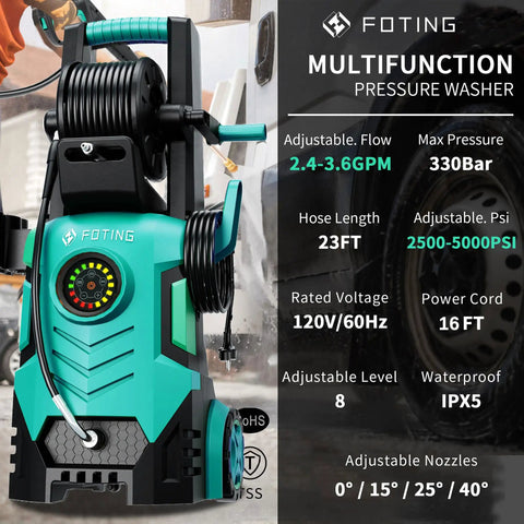 Multifunction pressure washer with adjustable flow, touchscreen, 8 levels, 5000 PSI max, 34-inch tall for home cleanup.