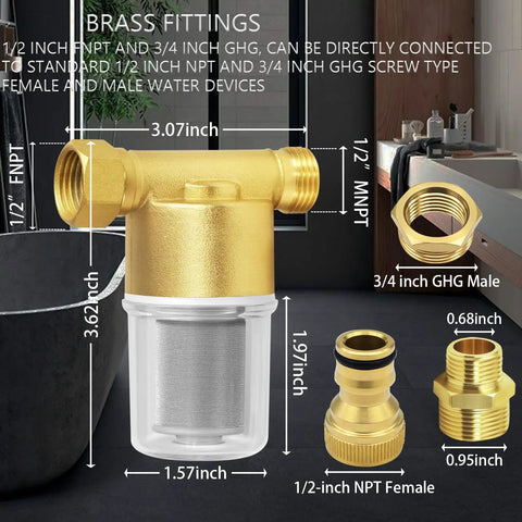 Reusable Brass Inline Sediment Filter With 40 Micron Mesh And 12 GPM High Flow for washer heater RV. Dimensions and fittings visible.