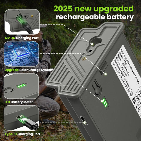 Game Ready Rechargeable Lithium Battery 5 Pack For Reveal Cellular Trail Cameras showing 12V DC charging port and LED battery meter.