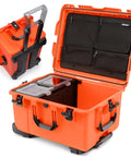 Trail 80 Waterproof Storage Box With Wheels, 79L Outdoor Gear Case For Camping, Fishing, And Hunting, bright orange, open view
