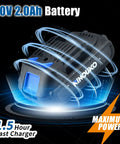 20V 2.0Ah battery for 20V Cordless Impact Drill Driver Kit With Battery And Fast Charger, shown with blue accents and power indicators