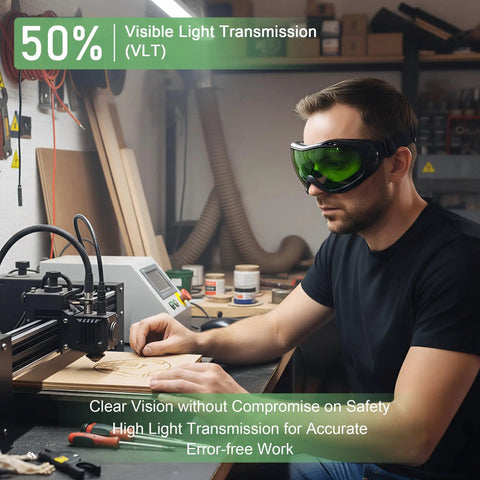 Tough As Nails Laser Safety Goggles With Od5 Protection For Laser Cleaning And Welding Work Cover 190 To 470Nm And 800 To 1700Nm Wavelengths worn by a user at a workbench.