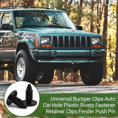 Built Tough Plastic Push Rivet Clips For Auto Bumper Fender Trim Panels Universal Seven Millimeter Snap Fit No Sweat Install Rock Solid Hold Durable Black Two Hundred Pack with two black clips on display.