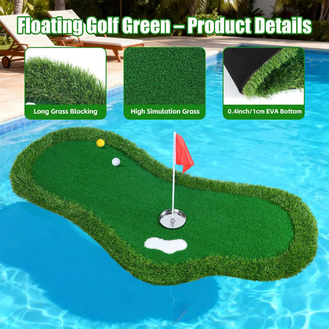 Poolside Floating Golf Green For Pool And Lake Play with realistic turf, flagstick, and golf balls in a pool setting.