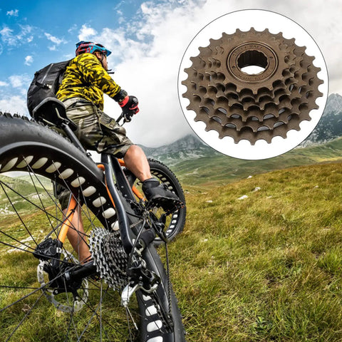 Cyclist on trail with inset of 6 Speed Bike Freewheel Set 14T To 28T Threaded Type Mountain Bike Replacement Part
