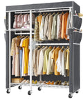 Straight Up Heavy Duty Rolling Clothes Rack With Removable Dust Cover Portable Closet featuring neatly arranged garments and shoes.