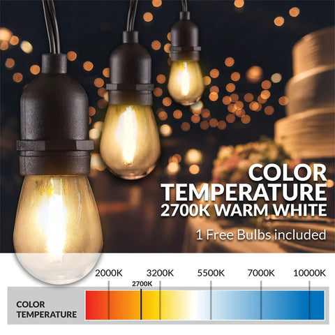 Outdoor LED String Lights With Weatherproof Design and dimmable warm white bulbs, shown in garden setting with focus on LED bulb