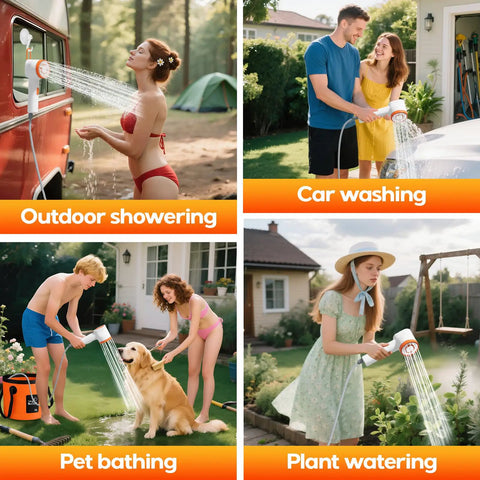 Rechargeable Camping Shower With Immersion Water Heater, LED Filter Shower Head, used for outdoor showering, car washing, pet bathing, and plant watering.