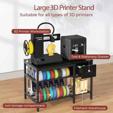 Heavy Duty Metal 3D Printer Stand With Filament Storage And Power Hub, 39x24x28 inch workstation with tool drawer and compartments.