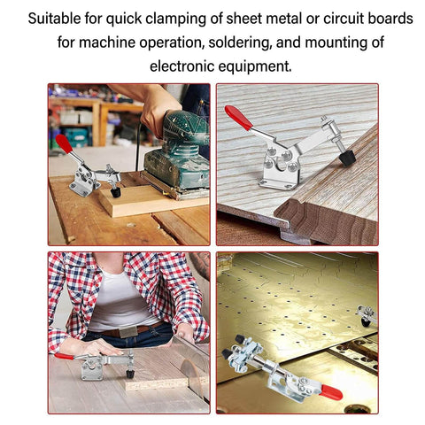 Stainless Steel Push Pull Toggle Clamp With Quick Release System 40kg Holding Capacity Heavy Duty Welding Clamp Set in use on wood and metal surfaces.