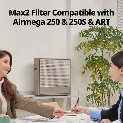 Office setting with two people near air purifier using Airmega 250/250S Replacement Filter Set with Max 2 HEPA Filter and Activated Carbon.