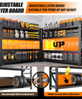 Hella Sturdy Heavy Duty Metal Storage Shelves With Rock Solid Frame And No Sweat Setup Four Tier Adjustable Garage Shelving Rack For Home Shop Or Warehouse displaying adjustable layers and storage bins.