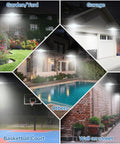 Rock Solid 50W LED Flood Lights 2 Pack Featuring Smooth 3CCT Temp Switch illuminating various outdoor settings including a garden and garage.