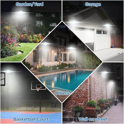 Rock Solid 50W LED Flood Lights 2 Pack Featuring Smooth 3CCT Temp Switch illuminating various outdoor settings including a garden and garage.
