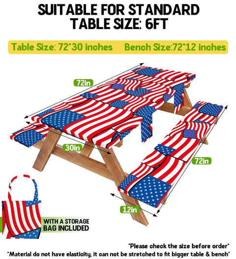 Waterproof Picnic Table Cover With Bench Covers Set For 72x30 Table And 72x12 Benches A Fitted Outdoor Tablecloth With Flag Design.