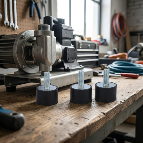 Heavy Duty M8 Rubber Mounts And Shock Absorbers For Engines on workbench beside a pump, showing tough metal rubber build and quick install design.