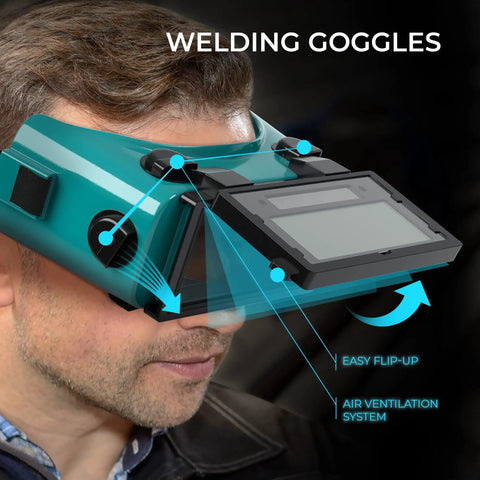 Rock Solid Auto Darkening Welding Goggles With Flip Up Lens Solar Powered For Instant Shade Change And Hassle Free MIG TIG Plus Gas Cutting Coverage You Will Appreciate Back At The Shop, showing flip-up lens.