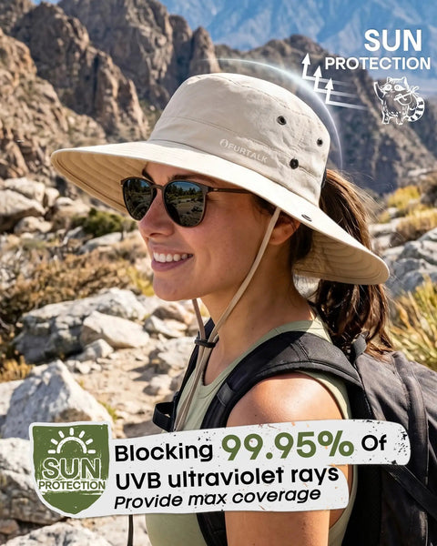 Woman hiking in desert wearing Go To Sun Hat For Women With Ponytail Hole, Wide Brim Beach Bucket Style, Lightweight Nylon, UPF 50 Plus Sun Protection, Outdoor Beige