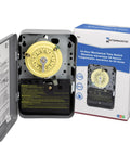 Heavy Duty 24 Hour Mechanical Timer Switch 120V SPST With Indoor Metal Enclosure, front view with box packaging.