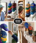 Image of Solid 2 Pack Hat Organizer For Baseball Caps And Dad Hats Holds Up To 20 displaying different caps mounted on walls.