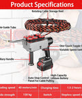 Cordless Electric Wire Puller With Slick Fish Tape Routing For Walls with guide tube, battery, and auxiliary handle shown.