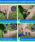 Steps to replace Rain Bird nozzle using Three Pack Sprinkler Adjustment Tools Kit For Hunter PGP MP And Rain Bird 5000 Heads Including Rotor Adjustment Tool And Wrench Easy Lawn Irrigation Repair For Precise Coverage.